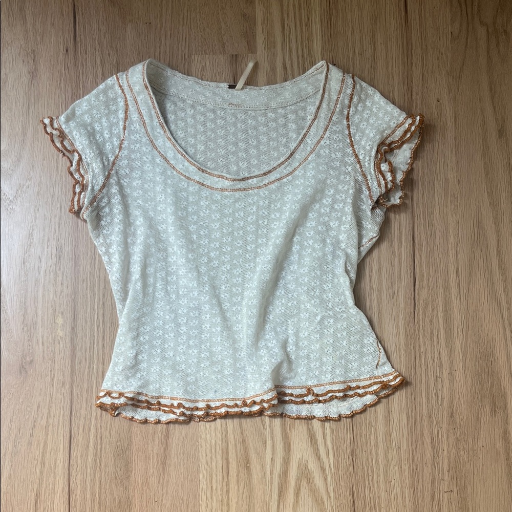 Floral Ruffle Trim Cream Top